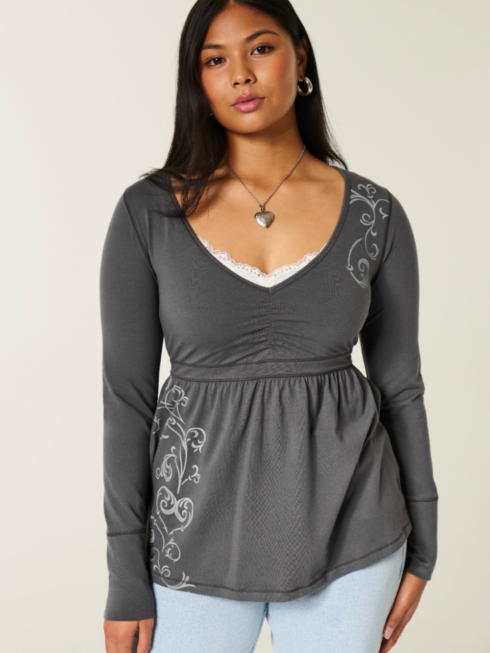 Hollister Charcoal Gray V-Neck Long Sleeve Top with White Floral Scrolls